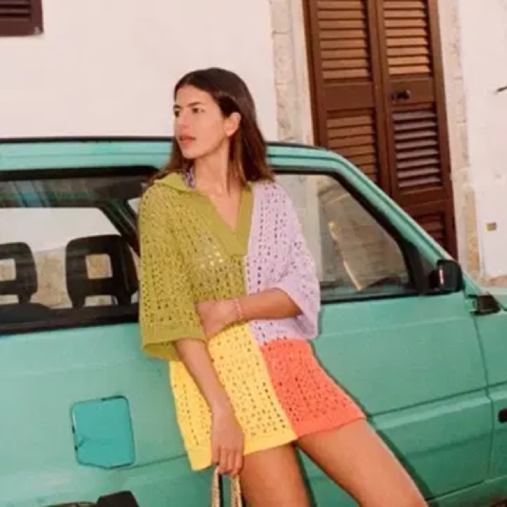Zara Oversized Knit Polo Colorblock Crochet Top S